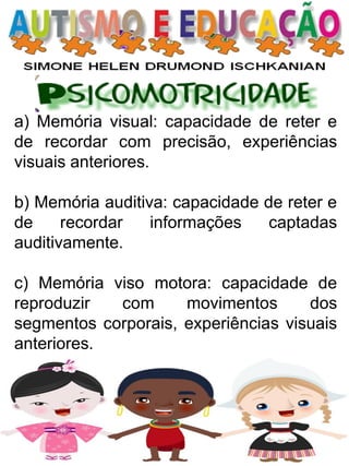 a) Memória visual: capacidade de reter e de recordar com precisão, experiências visuais anteriores. 
b) Memória auditiva: capacidade de reter e de recordar informações captadas auditivamente. 
c) Memória viso motora: capacidade de reproduzir com movimentos dos segmentos corporais, experiências visuais anteriores.  