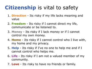 Citizenship is vital to safety
 1. Direction - Its risky if my life lacks meaning and
    value
 2. Freedom - Its risky if I cannot direct my life,
    communicate or be listened to.
 3. Money - Its risky if I lack money or if I cannot
    control my own money.
 4. Home - Its risky if I cannot control who I live with,
    my home and my privacy.
 5. Help - Its risky if I’ve no one to help me and if I
    cannot control who helps me.
 6. Life - Its risky if I am not a valued member of my
    community.
 7. Love - Its risky to have no friends or family.
 