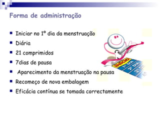Forma de administração
 Iniciar no 1º dia da menstruação
 Diária
 21 comprimidos
 7dias de pausa
 Aparecimento da menstruação na pausa
 Recomeço de nova embalagem
 Eficácia contínua se tomada correctamente
 