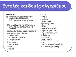 Εντολές και δομές αλγορίθμου
Αλφάβητο
Το σύνολο των χαρακτήρων που
χρησιμοποιούνται στην
ψευδογλώσσα περιλαμβάνει:
• όλα τα γράμματα της ελληνικής ή
αγγλικής αλφαβήτου πεζά και
κεφαλαία
• τους αριθμητικούς χαρακτήρες 0-9
• τους επόμενους ειδικούς
χαρακτήρες:
'' εισαγωγικά (διπλά)
( ) παρενθέσεις
[ ] αγκύλες
* αστερίσκος
+ συν
, κόμμα
- μείον
. τελεία
/ κάθετος
! θαυμαστικό
< μικρότερο από
= ίσον
> μεγαλύτερο από
<= μικρότερο ή ίσο
>= μεγαλύτερο ή ίσο
<> διάφορο
^ άνω βέλος
_ κάτω παύλα
κενό
• και ένα γραφικό σύμβολο
το ← (αριστερό βέλος)
 