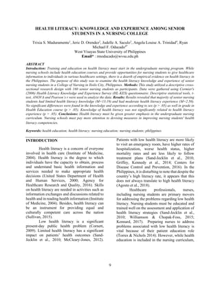 Health Literacy Knowledge and Experience Among Senior Nursing Students ...