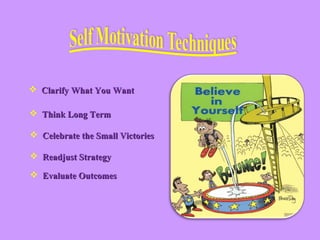  Clarify What You WantClarify What You Want
 Think Long TermThink Long Term
 Celebrate the Small VictoriesCelebrate the Small Victories
 Readjust StrategyReadjust Strategy
 Evaluate OutcomesEvaluate Outcomes
 
