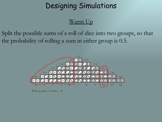 Designing Simulations Warm Up Split the possible sums of a roll of dice into two groups, so that the probability of rolling a sum in either group is 0.5. 