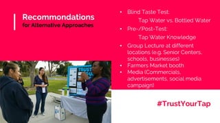 Recommondations
for Alternative Approaches
▪
▪ Blind Taste Test:
Tap Water vs. Bottled Water
▪ Pre-/Post-Test:
Tap Water Knowledge
▪ Group Lecture at different
locations (e.g. Senior Centers,
schools, businesses)
▪ Farmers Market booth
▪ Media (Commercials,
advertisements, social media
campaign)
#TrustYourTap
 