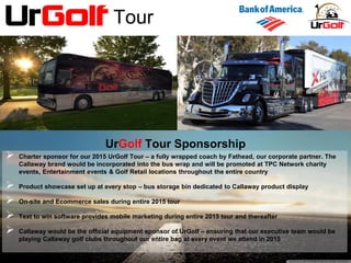 Tour
 Charter sponsor for our 2015 UrGolf Tour – a fully wrapped coach by Fathead, our corporate partner. The
Callaway brand would be incorporated into the bus wrap and will be promoted at TPC Network charity
events, Entertainment events & Golf Retail locations throughout the entire country
 Product showcase set up at every stop – bus storage bin dedicated to Callaway product display
 On-site and Ecommerce sales during entire 2015 tour
 Text to win software provides mobile marketing during entire 2015 tour and thereafter
 Callaway would be the official equipment sponsor of UrGolf – ensuring that our executive team would be
playing Callaway golf clubs throughout our entire bag at every event we attend in 2015
UrGolf Tour Sponsorship
 