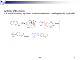 lec6 6
Synthesis of Benzofuran
1- A useful laboratory synthesis starts with coumaran ,and is generally applicable
O O
Br2
O O
H Br
Br
H
HO- K+
K / OH
-HBr
+ -
OH
CH
C - CO2K
Br
+
H
-HBr O COOH
Distile , CaO
-CO2 O
 