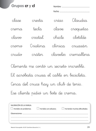 Grupos cr y cl

Nombre:
Fecha:

claßæ
c®emå
clavo
cromo
crudo

c®estå
†eclå
crista¬
—ristinå
crá†e®

críaﬁ —laudiå
cla√¶ croq¤etaﬁ
chic¬æ clotil∂æ
clínicå cruasá>
cla√±¬eﬁ c®emal¬erå

—¬eµen†æ µæ contó u> ßec®eto inc®eíb¬æ.
E”¬ acróbatå cruzå e¬ cab¬æ e> bicic¬etå.
»ercå ∂e¬ cru©æ ha¥ u> club ∂æ †eniﬁ.
E”ßæ cl^en†æ pidió u> bo†æ ∂æ c®emå.
VALORACIÓN DE LA FAMILIA:
Ha leído sin problemas.	

Ha leído con esfuerzo.	

Ha tenido muchas dificultades.

Observaciones:

Material fotocopiable © 2011 Santillana Educación, S. L.

227245 _ 0001-0112.indd 29

29
09/12/10 10:58

 