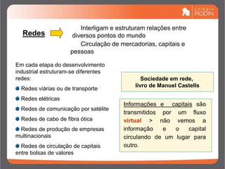 Redes
Interligam e estruturam relações entre
diversos pontos do mundo
Circulação de mercadorias, capitais e
pessoas
Informações e capitais são
transmitidos por um fluxo
virtual > não vemos a
informação e o capital
circulando de um lugar para
outro.
Em cada etapa do desenvolvimento
industrial estruturam-se diferentes
redes:
Redes viárias ou de transporte
Redes elétricas
Redes de comunicação por satélite
Redes de cabo de fibra ótica
Redes de produção de empresas
multinacionais
Redes de circulação de capitais
entre bolsas de valores
Sociedade em rede,
livro de Manuel Castells
 