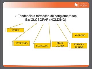  Tendência a formação de conglomerados
Ex: GLOBOPAR (HOLDING)
O GLOBO
EXTRA
EXPRESSO
GLOBO.COM
REDE
GLOBO
EDITORA
GLOBO
 