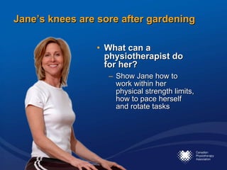 Jane’s knees are sore after gardening What can a physiotherapist do for her?  Show Jane how to work within her physical strength limits, how to pace herself and rotate tasks 