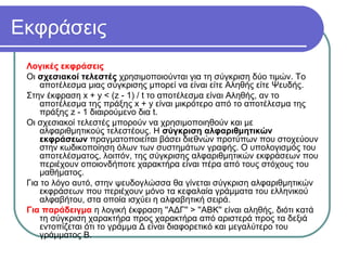 Εκφράσεις
Λογικές εκφράσεις
Οι σχεσιακοί τελεστές χρησιμοποιούνται για τη σύγκριση δύο τιμών. Το
αποτέλεσμα μιας σύγκρισης μπορεί να είναι είτε Αληθής είτε Ψευδής.
Στην έκφραση x + y < (z - 1) / t το αποτέλεσμα είναι Αληθής, αν το
αποτέλεσμα της πράξης x + y είναι μικρότερο από το αποτέλεσμα της
πράξης z - 1 διαιρούμενο δια t.
Οι σχεσιακοί τελεστές μπορούν να χρησιμοποιηθούν και με
αλφαριθμητικούς τελεστέους. Η σύγκριση αλφαριθμητικών
εκφράσεων πραγματοποιείται βάσει διεθνών προτύπων που στοχεύουν
στην κωδικοποίηση όλων των συστημάτων γραφής. Ο υπολογισμός του
αποτελέσματος, λοιπόν, της σύγκρισης αλφαριθμητικών εκφράσεων που
περιέχουν οποιονδήποτε χαρακτήρα είναι πέρα από τους στόχους του
μαθήματος.
Για το λόγο αυτό, στην ψευδογλώσσα θα γίνεται σύγκριση αλφαριθμητικών
εκφράσεων που περιέχουν μόνο τα κεφαλαία γράμματα του ελληνικού
αλφαβήτου, στα οποία ισχύει η αλφαβητική σειρά.
Για παράδειγμα η λογική έκφραση ''ΑΔΓ'' > ''ΑΒΚ'' είναι αληθής, διότι κατά
τη σύγκριση χαρακτήρα προς χαρακτήρα από αριστερά προς τα δεξιά
εντοπίζεται ότι το γράμμα Δ είναι διαφορετικό και μεγαλύτερο του
γράμματος Β.
 