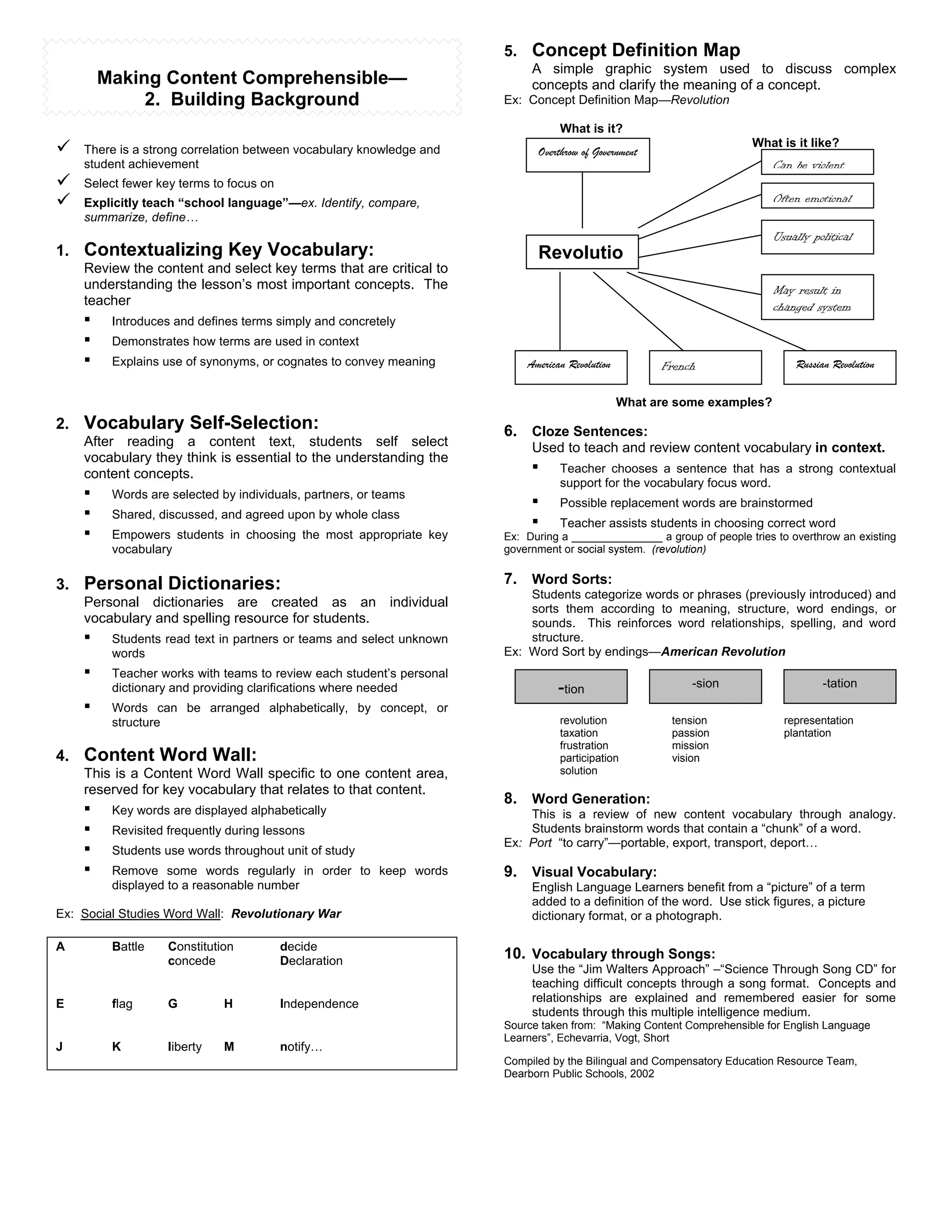 5. Concept Definition Map
                                                                           A simple graphic system used to discuss complex
        Making Content Comprehensible—                                     concepts and clarify the meaning of a concept.
             2. Building Background                                   Ex: Concept Definition Map—Revolution

                                                                                 What is it?
                                                                                                                      What is it like?
"   There is a strong correlation between vocabulary knowledge and          Overthrow of Government
    student achievement                                                                                                   Can be violent
"   Select fewer key terms to focus on
"   Explicitly teach “school language”—ex. Identify, compare,                                                             Often emotional
    summarize, define…
                                                                                                                          Usually political
1. Contextualizing Key Vocabulary:                                          Revolutio
    Review the content and select key terms that are critical to
    understanding the lesson’s most important concepts. The                                                               May result in
    teacher                                                                                                               changed system
    !    Introduces and defines terms simply and concretely
    !    Demonstrates how terms are used in context
    !    Explains use of synonyms, or cognates to convey meaning          American Revolution         French                   Russian Revolution


                                                                                                What are some examples?
2. Vocabulary Self-Selection:                                         6. Cloze Sentences:
    After reading a content text, students self select                     Used to teach and review content vocabulary in context.
    vocabulary they think is essential to the understanding the
    content concepts.                                                      !     Teacher chooses a sentence that has a strong contextual
                                                                                 support for the vocabulary focus word.
    !    Words are selected by individuals, partners, or teams
                                                                           !     Possible replacement words are brainstormed
    !    Shared, discussed, and agreed upon by whole class
                                                                           !     Teacher assists students in choosing correct word
    !    Empowers students in choosing the most appropriate key       Ex: During a _______________ a group of people tries to overthrow an existing
         vocabulary                                                   government or social system. (revolution)


3. Personal Dictionaries:                                             7. Word Sorts:
                                                                          Students categorize words or phrases (previously introduced) and
    Personal dictionaries are created as an individual                    sorts them according to meaning, structure, word endings, or
    vocabulary and spelling resource for students.                        sounds. This reinforces word relationships, spelling, and word
    !    Students read text in partners or teams and select unknown       structure.
         words                                                        Ex: Word Sort by endings—American Revolution
    !    Teacher works with teams to review each student’s personal
         dictionary and providing clarifications where needed                    -tion                     -sion                     -tation
    !    Words can be arranged alphabetically, by concept, or
         structure                                                               revolution             tension             representation
                                                                                 taxation               passion             plantation
                                                                                 frustration            mission
4. Content Word Wall:                                                            participation          vision
    This is a Content Word Wall specific to one content area,                    solution
    reserved for key vocabulary that relates to that content.
                                                                      8. Word Generation:
    !    Key words are displayed alphabetically                           This is a review of new content vocabulary through analogy.
    !    Revisited frequently during lessons                              Students brainstorm words that contain a “chunk” of a word.
                                                                      Ex: Port “to carry”—portable, export, transport, deport…
    !    Students use words throughout unit of study
    !    Remove some words regularly in order to keep words           9. Visual Vocabulary:
         displayed to a reasonable number                                  English Language Learners benefit from a “picture” of a term
                                                                           added to a definition of the word. Use stick figures, a picture
Ex: Social Studies Word Wall: Revolutionary War                            dictionary format, or a photograph.

A        Battle    Constitution          decide
                   concede               Declaration
                                                                      10. Vocabulary through Songs:
                                                                           Use the “Jim Walters Approach” –“Science Through Song CD” for
                                                                           teaching difficult concepts through a song format. Concepts and
E        flag      G         H           Independence                      relationships are explained and remembered easier for some
                                                                           students through this multiple intelligence medium.
                                                                      Source taken from: “Making Content Comprehensible for English Language
                                                                      Learners”, Echevarria, Vogt, Short
J        K         liberty   M           notify…
                                                                      Compiled by the Bilingual and Compensatory Education Resource Team,
                                                                      Dearborn Public Schools, 2002
 