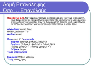 Δομή Επανάληψης
Όσο … Επανάλαβε
Παράδειγμα 2.15. Να γραφεί αλγόριθμος ο οποίος διαβάζει το όνομα ενός μαθητή,
τους βαθμούς του σε τρία μαθήματα και υπολογίζει και τυπώνει το μέσο όρο του.
Ο αλγόριθμος να σταματάει, όταν για όνομα μαθητή δοθεί το κενό εμφανίζοντας
το πλήθος των μαθητών για τους οποίους υπολογίστηκε ο μέσος όρος.
Αλγόριθμος Μέσος_όρος
Πλήθος_μαθητών ← 0
Διάβασε όνομα
Όσο όνομα ≠ '' '' επανάλαβε
Διάβασε βαθμός1, βαθμός2, βαθμός3
Εμφάνισε (βαθμός1 + βαθμός2 + βαθμός3) / 3
Πλήθος_μαθητών ← Πλήθος_μαθητών + 1
Διάβασε όνομα
Τέλος_επανάληψης
Εμφάνισε Πλήθος_μαθητών
Τέλος Μέσος_όρος
 