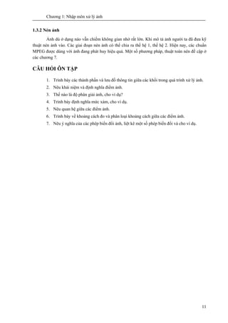 Chương 1: Nhập môn xử lý ảnh
11
1.3.2 Nén ảnh
Ảnh dù ở dạng nào vẫn chiếm không gian nhớ rất lớn. Khi mô tả ảnh người ta đã đưa kỹ
thuật nén ảnh vào. Các giai đoạn nén ảnh có thể chia ra thế hệ 1, thế hệ 2. Hiện nay, các chuẩn
MPEG được dùng với ảnh đang phát huy hiệu quả. Một số phương pháp, thuật toán nén đề cập ở
các chương 7.
CÂU HỎI ÔN TẬP
1. Trình bày các thành phần và lưu đồ thông tin giữa các khối trong quá trình xử lý ảnh.
2. Nêu khái niệm và định nghĩa điểm ảnh.
3. Thế nào là độ phân giải ảnh, cho ví dụ?
4. Trình bày định nghĩa mức xám, cho ví dụ.
5. Nêu quan hệ giữa các điểm ảnh.
6. Trình bày về khoảng cách đo và phân loại khoảng cách giữa các điểm ảnh.
7. Nêu ý nghĩa của các phép biến đổi ảnh, liệt kê một số phép biến đổi và cho ví dụ.
 