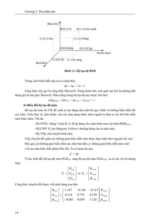 Chương 2: Thu nhận ảnh
14
Hình 2.1 Hệ tọa độ RGB
Trong cách biểu diễn này ta có công thức:
đỏ + lục + lơ =1
Công thức này gọi là công thức Maxwell. Trong hình trên, tam giác tạo bởi ba đường đứt
đoạn gọi là tam giác Maxwell. Màu trắng trong hệ tọa độ này được tính bởi:
trắngCIE = (đỏCIE + lụcCIE + lơCIE) = 1
b) Biến đổi hệ tọa độ màu
Hệ tọa độ màu do CIE đề xuất có tác dụng như một hệ quy chiếu và không biểu diễn hết
các màu. Trên thực tế, phụ thuộc vào các ứng dụng khác nhau người ta đưa ra các hệ biểu diễn
màu khác nhau. Thí dụ:
- Hệ NTSC: dùng 3 màu R, G, B áp dụng cho màn hình màu, ký hiệu RGBNTSC;
- Hệ CMY (Cyan Magenta Yellow): thường dùng cho in ảnh màu;
- Hệ YIQ: cho truyền hình màu.
Việc chuyển đổi giữa các không gian biểu diễn màu được thực hiện theo nguyên tắc sau:
Nếu gọi χ là không gian biểu diễn các màu ban đầu; χ’ không gian biểu diễn màu mới
A là ma trận biểu diễn phép biến đổi. Ta có quan hệ sau:
χ’ = Aχ
Ví dụ, biến đổi hệ tọa độ màu RGBCIE sang hệ tọa độ màu RGBNTSC ta có các véc tơ tương
ứng:
⎥
⎥
⎥
⎦
⎤
⎢
⎢
⎢
⎣
⎡
=
CIE
CIE
CIE
x
B
G
R
P và
⎥
⎥
⎥
⎦
⎤
⎢
⎢
⎢
⎣
⎡
=
NTSC
NTSC
NTSC
x
B
G
R
P '
Công thức chuyển đổi được viết dưới dạng ma trận:
⎥
⎥
⎥
⎦
⎤
⎢
⎢
⎢
⎣
⎡
⎥
⎥
⎥
⎦
⎤
⎢
⎢
⎢
⎣
⎡
−
−−
=
⎥
⎥
⎥
⎦
⎤
⎢
⎢
⎢
⎣
⎡
NTSC
NTSC
NTSC
CIE
CIE
CIE
B
G
R
B
G
R
128.1059.0001.0
159.0753.0114.0
151.0146.0167.1
Green (lục)
Blue (lơ)
Red (đỏ)
(1,0,0) đỏ (1,1,0) vàng
(0,1,0) lục
(0,1,1) tím xanh(0,0,1) lơ
(1,0,1) tím (1,1,1) trắng
(0,0,0) đen
 