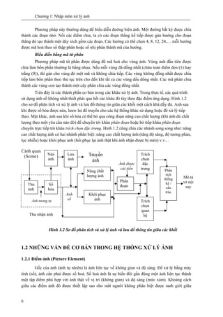 Chương 1: Nhập môn xử lý ảnh
6
Phương pháp này thường dùng để biểu diễn đường biên ảnh. Một đường bất kỳ được chia
thành các đoạn nhỏ. Nối các điểm chia, ta có các đoạn thẳng kế tiếp được gán hướng cho đoạn
thẳng đó tạo thành một dây xích gồm các đoạn. Các hướng có thể chọn 4, 8, 12, 24,… mỗi hướng
được mã hoá theo số thập phân hoặc số nhị phân thành mã của hướng.
Biểu diễn bằng mã tứ phân
Phương pháp mã tứ phân được dùng để mã hoá cho vùng ảnh. Vùng ảnh đầu tiên được
chia làm bốn phần thường là bằng nhau. Nếu mỗi vùng đã đồng nhất (chứa toàn điểm đen (1) hay
trắng (0)), thì gán cho vùng đó một mã và không chia tiếp. Các vùng không đồng nhất được chia
tiếp làm bốn phần theo thủ tục trên cho đến khi tất cả các vùng đều đồng nhất. Các mã phân chia
thành các vùng con tạo thành một cây phân chia các vùng đồng nhất.
Trên đây là các thành phần cơ bản trong các khâu xử lý ảnh. Trong thực tế, các quá trình
sử dụng ảnh số không nhất thiết phải qua hết các khâu đó tùy theo đặc điểm ứng dụng. Hình 1.2
cho sơ đồ phân tích và xử lý ảnh và lưu đồ thông tin giữa các khối một cách khá đầy đủ. Anh sau
khi được số hóa được nén, luuw lai để truyền cho các hệ thống khác sử dụng hoặc để xử lý tiếp
theo. Mặt khác, ảnh sau khi số hóa có thể bỏ qua công đoạn nâng cao chất lượng (khi ảnh đủ chất
lượng theo một yêu cầu nào đó) để chuyển tới khâu phân đoạn hoặc bỏ tiếp khâu phân đoạn
chuyển trực tiếp tới khâu trích chọn đặc trưng. Hình 1.2 cũng chia các nhánh song song như: nâng
cao chất lượng ảnh có hai nhánh phân biệt: nâng cao chất lượng ảnh (tăng độ sáng, độ tương phản,
lọc nhiễu) hoặc khôi phục ảnh (hồi phục lại ảnh thật khi ảnh nhận được bị méo) v.v…
Hình 1.2 Sơ đồ phân tích và xử lý ảnh và lưu đồ thông tin giữa các khối
1.2 NHỮNG VẤN ĐỀ CƠ BẢN TRONG HỆ THỐNG XỬ LÝ ẢNH
1.2.1 Điểm ảnh (Picture Element)
Gốc của ảnh (ảnh tự nhiên) là ảnh liên tục về không gian và độ sáng. Để xử lý bằng máy
tính (số), ảnh cần phải được số hoá. Số hoá ảnh là sự biến đổi gần đúng một ảnh liên tục thành
một tập điểm phù hợp với ảnh thật về vị trí (không gian) và độ sáng (mức xám). Khoảng cách
giữa các điểm ảnh đó được thiết lập sao cho mắt người không phân biệt được ranh giới giữa
Thu
ảnh
Số
hóa
Nén
ảnh
Lưu
ảnh
Nâng chất
lượng ảnh
Khôi phục
ảnh
Phân
đoạn
Trích
chọn
đặc
trưng
Trích
chọn
quan
hệ
Phân
tích
thống
kê /
cấu
trúc
Ảnh tương tự
Ảnh
số
Ảnh được
cải tiến
Mô tả
và nội
suy
Truyền
ảnh
Cảnh quan
(Scene)
Thu nhận ảnh
 