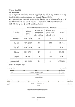 16
5. Vật tư và thiết bị
5.1 Ống GFRP
Một bộ ống GFRP gồm: 01 ống trước; 02 ống giữa; 01 ống cuối, 01 ống mắt lưới, 01 đế ống,
ống nối 04. Với trường hợp khoan néo vượt chiều dài lỗ khoan 13.65m.
Với trường hợp khoan gia cố mặt gương chiều dài lỗ khoan 19.65m. Thì một bộ ống GFRP sẽ
gồm: 01 ống trước, 04 ống giữa, 01 ống cuối, 01 ống mắt lưới, 01 đế ống và 06 ống nối.
Do đó, khối lượng, loại vật tư sẽ được sử dụng như sau:
＊( ) : an effective length
Loại ống
Kích cỡ
(mm)
Số lượng cho
gương khoan
néo vượt (ống)
Số lượng cho 1
gương khoan
néo mặt (pcs)
Qui cách
Ống trước 3,000（3,000） 29 38 ＧＦＲＰ
Ống giữa 3,000（3,000） 58 152 ＧＦＲＰ
Ống cuối 3,000（3,000） 29 38 ＧＦＲＰ
Đế ống 800（650） 29 38 SCM420
Ống nối 200（0） 116 228 S45C
Ống mắt lưới 1,100（1,000） 29 38 LIT76-1,000
Table-5.1 Reinforcement materials (GFRP tube)
Fig.-5.1 FIT assembly
（Fore piling）
（Face reinforcement application）
Lattice tubeCasing shoe
FIT Tube 4@3,000=12,000650
13,650
1,000
FIT Tube 6@3,000=18,000650
19,650
1,000
Lattice tubeCasing shoe
 