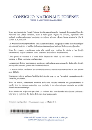 Le Consiglio Nationale Forense solidaire des victimes des attentats de Lyon, Sousse et Koweït