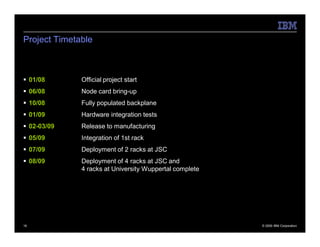 Project Timetable



 01/08       Official project start
 06/08       Node card bring-up
 10/08       Fully populated backplane
 01/09       Hardware integration tests
 02-03/09    Release to manufacturing
 05/09       Integration of 1st rack
 07/09       Deployment of 2 racks at JSC
 08/09       Deployment of 4 racks at JSC and
              4 racks at University Wuppertal complete




16                                                       © 2009 IBM Corporation
 