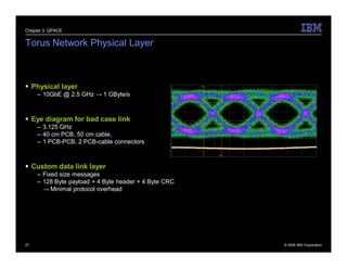 Chapter 3: QPACE


Torus Network Physical Layer



 Physical layer
     – 10GbE @ 2.5 GHz → 1 GByte/s



 Eye diagram for bad case link
     – 3.125 GHz
     – 40 cm PCB, 50 cm cable,
     – 1 PCB-PCB, 2 PCB-cable connectors



 Custom data link layer
     – Fixed size messages
     – 128 Byte payload + 4 Byte header + 4 Byte CRC
       → Minimal protocol overhead




27                                                     © 2009 IBM Corporation
 