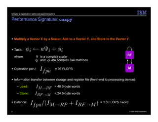 Chapter 2: Application optimized supercomputers


Performance Signature: caxpy



 Multiply a Vector X by a Scalar, Add to a Vector Y, and Store in the Vector Y.


 Task:

    where                      is a complex scalar                                 RF
                               and     are complex 3x4 matrices

 Operation per i:                                = 96 FLOPS                        M


 Information transfer between storage and register file (front-end to processing device):

     – Load:                                  = 48 8-byte words

     – Store:                                 = 24 8-byte words

 Balance:                                                        = 1.3 FLOPS / word

8                                                                                      © 2009 IBM Corporation
 