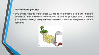 • Orientación a procesos
• Una de las mejoras importantes cuando se implementa Seis Sigma ha sido
convencer a los directores y ejecutivos de que los procesos son un medio
para generar ventaja competitiva y aumentar la eficiencia respecto al uso de
recursos.
 