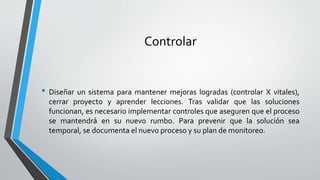 Controlar
• Diseñar un sistema para mantener mejoras logradas (controlar X vitales),
cerrar proyecto y aprender lecciones. Tras validar que las soluciones
funcionan, es necesario implementar controles que aseguren que el proceso
se mantendrá en su nuevo rumbo. Para prevenir que la solución sea
temporal, se documenta el nuevo proceso y su plan de monitoreo.
 