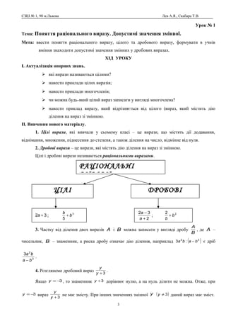 СЗШ № 1, 90 м.Львова Лев А.Я., Скабара Т.В.
Урок № 1
Тема: Поняття раціонального виразу. Допустимі значення змінної.
Мета: ввести поняття раціонального виразу, цілого та дробового виразу, формувати в учнів
вміння знаходити допустимі значення змінних у дробових виразах.
ХІД УРОКУ
І. Актуалізація опорних знань.
 які вирази називаються цілими?
 навести приклади цілих виразів;
 навести приклади многочленів;
 чи можна будь-який цілий вираз записати у вигляді многочлена?
 навести приклад виразу, який відрізняється від цілого (вираз, який містить дію
ділення на вираз зі змінною.
ІІ. Вивчення нового матеріалу.
1. Цілі вирази, які вивчали у сьомому класі – це вирази, що містять дії додавання,
віднімання, множення, піднесення до степеня, а також ділення на число, відмінне від нуля.
2. Дробові вирази – це вирази, які містять дію ділення на вираз зі змінною.
Цілі і дробові вирази називаються раціональними виразами.
3. Частку від ділення двох виразів A і B можна записати у вигляді дробу
B
A
, де A –
чисельник, B – знаменник, а риска дробу означає дію ділення, наприклад ( )32
:3 baba − є дріб
3
2
3
ba
ba
−
.
4. Розглянемо дробовий вираз 3+y
y
.
Якщо 3−=y , то знаменник 3+y дорівнює нулю, а на нуль ділити не можна. Отже, при
3−=y вираз 3+y
y
не має змісту. При інших значеннях змінної y ( )3≠y даний вираз має зміст.
3
РАЦІОНАЛЬНІ
ВИРАЗИ
ЦІЛІ ДРОБОВІ
32 +a ; 3
5
b
b
+
2
32
+
−
a
a
; 22
b
b
+
 