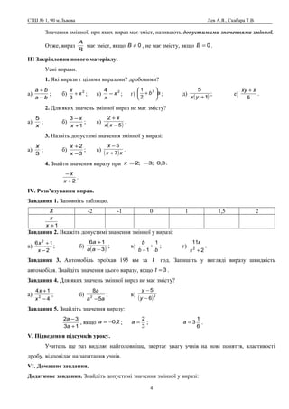 СЗШ № 1, 90 м.Львова Лев А.Я., Скабара Т.В.
Значення змінної, при яких вираз має зміст, називають допустимими значеннями змінної.
Отже, вираз
B
A
має зміст, якщо 0≠B , не має змісту, якщо 0=B .
ІІІ Закріплення нового матеріалу.
Усні вправи.
1. Які вирази є цілими виразами? дробовими?
а)
ba
ba
−
+
; б) 2
3
x
x
+ ; в) 24
x
x
− ; г) ab 





+ 3
2
1
; д)
( )1
5
+yx
; е)
5
xxy +
.
2. Для яких значень змінної вираз не має змісту?
а)
x
5
; б)
1
3
+
−
x
x
; в)
( )5
2
−
+
xx
x
.
3. Назвіть допустимі значення змінної у виразі:
а)
3
x
; б)
3
2
−
+
x
x
; в)
( )xx
x
7
5
+
−
.
4. Знайти значення виразу при .3,0;3;2 −=x
2+
−
x
x
.
ІV. Розв’язування вправ.
Завдання 1. Заповніть таблицю.
x -2 -1 0 1 1,5 2
1+x
x
Завдання 2. Вкажіть допустимі значення змінної у виразі:
а)
2
16 2
−
+
x
x
; б)
( )3
16
−
+
aa
a
; в)
bb
b 1
1
+
+
; г)
2
11
2
+x
x
.
Завдання 3. Автомобіль проїхав 195 км за t год. Запишіть у вигляді виразу швидкість
автомобіля. Знайдіть значення цього виразу, якщо 3=t .
Завдання 4. Для яких значень змінної вираз не має змісту?
а)
4
14
2
−
+
x
x
; б)
aa
a
5
8
2
−
; в)
( )2
6
5
−
−
y
y
Завдання 5. Знайдіть значення виразу:
13
32
+
−
a
a
, якщо 2,0−=a ;
3
2
=a ;
6
1
3=a .
V. Підведення підсумків уроку.
Учитель ще раз виділяє найголовніше, звертає увагу учнів на нові поняття, властивості
дробу, відповідає на запитання учнів.
VІ. Домашнє завдання.
Додаткове завдання. Знайдіть допустимі значення змінної у виразі:
4
 