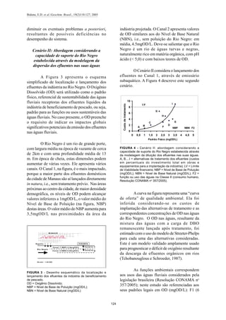 Bidone, E.D. et al./Geochim. Brasil., 19(2)118-127, 2005
124
diminuir os eventuais problemas a posteriori,
resultantes de possíveis deficiências no
desempenho do sistema.
Cenário II: Abordagem considerando a
capacidade de suporte do Rio Negro
estabelecida através da modelagem da
dispersão dos efluentes nas suas águas
A Figura 3 apresenta o esquema
simplificado de localização e lançamento dos
efluentes da indústria no Rio Negro. O Oxigênio
Dissolvido (OD) será utilizado como o padrão
físico, referencial de sustentabilidade das águas
fluviais receptoras dos efluentes líquidos da
indústria de beneficiamento de pescado, ou seja,
padrão para as funções ou usos sustentáveis das
águas fluviais. No caso presente, o OD preenche
o requisito de indicar os impactos globais
significativos potenciais da emissão dos efluentes
nas águas fluviais.
O Rio Negro é um rio de grande porte,
com largura média na época de vazante de cerca
de 2km e com uma profundidade média de 13
m. Em época de cheia, estas dimensões podem
aumentar de várias vezes. Ele apresenta vários
canais. O Canal 1, na figura, é o mais impactado,
porque a maior parte dos efluentes domésticos
da cidade de Manaus são aí lançados diretamente
in natura, i.e., sem tratamento prévio. Nas áreas
próximas ao centro da cidade, de maior densidade
demográfica, os níveis de OD podem alcançar
valores inferiores a 1mgOD/L, o valor médio do
Nível de Base de Poluição (na figura, NBP)
destas áreas. O valor médio do NBP aumenta para
3,5mgOD/L nas proximidades da área da
indústria projetada. O Canal 2 apresenta valores
de OD similares aos do Nível de Base Natural
(NBN), i.e., sem poluição do Rio Negro: em
média, 4.5mgOD/L. Deve-se salientar que o Rio
Negro é um rio de águas turvas e negras,
naturalmente rico em matéria orgânica, com pH
ácido (< 5,0) e com baixos teores de OD.
O Cenário II considera o lançamento dos
efluentes no Canal 1, através de emissário
subaquático. A Figura 4 descreve este segundo
cenário.
M A N A U S C IT Y
N E G R O R IV E R
C hannel 1
C hannel 2
P B L=3.5m gO D /l
N B L =4.5m gO D /l
M F I
S etting II
S etting III
S cale ~1:40,000
M ANAUS
In d ú stria
Ce ná rio II
Ce n á rio
III
Ca n a l 1 NBP = 3,5m g O D/L
Ca n a l 2 NBN= 4,5m g O D/L
Rio Ne gro
Es gotos
Es cala ~ 1:40.000
III
FIGURA 3 - Desenho esquemático da localização e
lançamento dos efluentes da indústria de beneficiamento
de pescado.
OD = Oxigênio Dissolvido;
NBP = Nível de Base de Poluição (mgOD/L);
NBN = Nível de Base Natural (mgOD/L)
0
2
4
6
8
10
0 0,5 1 1,5 2 2,5 3 3,5 4 4,5 5
Padrão Físico (mgOD/L)
Custodetratamento
A B
C
F
D
E
G
H
I
F2NBNNBP
LV
FIGURA 4 - Cenário II: abordagem considerando a
capacidade de suporte do Rio Negro estabelecida através
da modelagem da diluição dos efluentes nas suas águas.
A, B....I = alternativas de tratamento dos efluentes (custos
em percentuais do investimento total em obras e
equipamentos para a implantação da indústria); LV = Limite
de Viabilidade financeira; NBP = Nível de Base de Poluição
(mgOD/L); NBN = Nível de Base Natural (mgOD/L); F2 =
função ou uso das águas na Classe II (consumo humano,
Resolução CONAMA no
357/2005).
A curva na figura representa uma “curva
de oferta” de qualidade ambiental. Ela foi
inferida considerando-se os custos de
implantação das alternativas de tratamento e as
correspondentes concentrações de OD nas águas
do Rio Negro. O OD nas águas, resultante da
mistura das águas com a carga de DBO
remanescente lançada após tratamento, foi
estimado com o uso do modelo de Streeter-Phelps
para cada uma das alternativas consideradas.
Este é um modelo validado amplamente usado
para prognosticar o déficit de oxigênio resultante
da descarga de efluentes orgânicos em rios
(Tchobanouglous e Schroeder, 1987).
As funções ambientais correspondem
aos usos das águas fluviais considerados pela
legislação brasileira (Resolução CONAMA no
357/2005); neste estudo são referenciadas aos
seus padrões legais em OD (mgOD/L): F1 (6
 