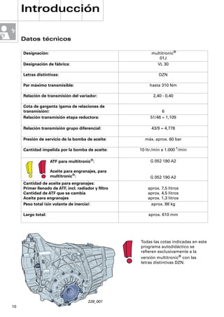 Introducción

     Datos técnicos

     Designación:                                          multitronic®
                                                              01J
     Designación de fábrica:                                 VL 30

     Letras distintivas:                                       DZN

     Par máximo transmisible:                             hasta 310 Nm

     Relación de transmisión del variador:                  2,40 - 0,40

     Cota de garganta (gama de relaciones de
     transmisión):                                              6
     Relación transmisión etapa reductora:                51/46 = 1,109

     Relación transmisión grupo diferencial:               43/9 = 4,778

     Presión de servicio de la bomba de aceite:        máx. aprox. 60 bar

     Cantidad impelida por la bomba de aceite:       10 ltr./min a 1.000 1/min

                    ATF para multitronic®:                G 052 180 A2

                    Aceite para engranajes, para
                    multitronic®:                         G 052 190 A2
     Cantidad de aceite para engranajes:
     Primer llenado de ATF, incl. radiador y ﬁltro       aprox. 7,5 litros
     Cantidad de ATF que se cambia                       aprox. 4,5 litros
     Aceite para engranajes                              aprox. 1,3 litros
     Peso total (sin volante de inercia):                 aprox. 88 kg

     Largo total:                                        aprox. 610 mm




                                                     Todas las cotas indicadas en este
                                                     programa autodidáctico se
                                                     reﬁeren exclusivamente a la
                                                     versión multitronic® con las
                                                     letras distintivas DZN.




                                       228_001
10
 