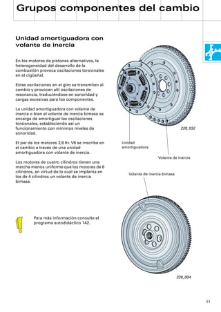 Grupos componentes del cambio


Unidad amortiguadora con
volante de inercia

En los motores de pistones alternativos, la
heterogeneidad del desarrollo de la
combustión provoca oscilaciones torsionales
en el cigüeñal.

Estas oscilaciones en el giro se transmiten al
cambio y provocan allí oscilaciones de
resonancia, traduciéndose en sonoridad y
cargas excesivas para los componentes.

La unidad amortiguadora con volante de
inercia o bien el volante de inercia bimasa se
encarga de amortiguar las oscilaciones
torsionales, estableciendo así un
funcionamiento con mínimos niveles de                                               228_032
sonoridad.

El par de los motores 2,8 ltr. V6 se inscribe en   Unidad
el cambio a través de una unidad                   amortiguadora
amortiguadora con volante de inercia.
                                                                      Volante de inercia
Los motores de cuatro cilindros tienen una
marcha menos uniforme que los motores de 6
cilindros, en virtud de lo cual se implanta en
                                                      Volante de inercia bimasa
los de 4 cilindros un volante de inercia
bimasa.




         Para más información consulte el
         programa autodidáctico 142.




                                                                                  228_004




                                                                                              11
 