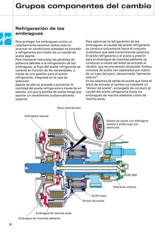 Grupos componentes del cambio


     Refrigeración de los
     embragues
     Para proteger los embragues contra un               Para optimizar la refrigeración de los
     calentamiento excesivo (sobre todo al               embragues, el caudal del aceite refrigerante
     arrancar en condiciones pesadas) se procede         se conduce únicamente hacia el conjunto
     a refrigerarlos por medio de un caudal de           multidisco que está transmitiendo potencia.
     aceite aparte.                                      El aceite refrigerante y el aceite a presión
     Para mantener reducidas las pérdidas de             para el embrague de marchas adelante se
     potencia debidas a la refrigeración de los          conducen a través del árbol de entrada al
     embragues, el ﬂujo del aceite refrigerante se       cambio, que es una versión ahuecada. Ambos
     conecta en función de las necesidades, a            circuitos de aceite van separados por medio
     través de una gestión para el aceite                de un tubo de acero, denominado “elemento
     refrigerante, integrada en la caja de               interior”.
     selección.                                          En los taladros de salida de aceite que tiene el
     Aparte de ello se procede a aumentar la             árbol de entrada al cambio va instalado un
     cantidad del aceite refrigerante a través de un     “divisor de aceite”, encargado de conducir el
     eyector, sin que la bomba de aceite tenga que       caudal del aceite refrigerante hacia los
     aportar un rendimiento sustancialmente              embragues de marcha adelante o bien de
     superior.                                           marcha atrás.

                                  Disco distribuidor

           Diafragma resorte
                                                                            Divisor de aceite con diafragma
                                                                            resorte y anillo tope con
                                                                            aberturas




                                                                                          228_064



                                                                                 Elemento interior


                                                              Anillo tope
                                                       Divisor de aceite



                   Embrague de marcha atrás
       Embrague de marchas adelante

28
 