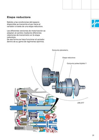 Etapa reductora
Debido a las condiciones del espacio
disponible se transmite el par hacia el
variador a través de una etapa reductora.

Las diferentes versiones de motorización se
adaptan al cambio mediante diferentes
relaciones de transmisión en la etapa
reductora.
De esa forma se hace funcionar el variador
dentro de su gama de regímenes óptimos.



                                              Conjunto planetario



                                                          Etapa reductora


                                                               Conjunto polea biplato 1




                                                                            228_017




                                                                                          31
 