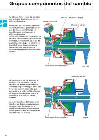 Grupos componentes del cambio


     La cámara 1 del sensor de par está                          Cámara 1 del sensor de par
     comunicada directamente con el
     cilindro de apriete.                     Borde de control

     El sistema está diseñado de modo                                       Cilindro de apriete
     que la fuerza axial generada por el
     par del motor se mantenga en
     equilibrio con la presión en el
     cilindro de apriete.
     Al circular a velocidad constante, los
     taladros de desembocadura sólo van
     cerrados parcialmente. La caída de
     presión generada por el control en
     los taladros de desembocadura
     (sensor de par) se encarga de
     modular la presión en el cilindro de
     apriete.




                                               Taladros de desembocadura                  228_056




                                                                            Cilindro de apriete

     Al aumentar el par de tracción, lo
     primero que sucede es que los
     taladros de desembocadura sean
     cerrados un poco más por parte del
     borde de control, haciendo que
     aumente la presión en los cilindros
     de apriete, hasta que se vuelva a
     establecer el equilibrio de las
     fuerzas.

     Al reducirse el par de tracción, los
     taladros de desembocadura abren
     un poco más, diminuyendo la
     presión en los cilindros de apriete
     hasta que se vuelva a establecer el
     equilibrio de las fuerzas.

                                               Taladros de desembocadura                   228_057




40
 