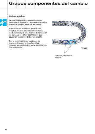 Grupos componentes del cambio


     Medidas acústicas

     Para establecer el funcionamiento más
     silencioso posible de la cadena se utilizan dos
     diferentes longitudes de los eslabones.

     Si se utilizaran eslabones de la misma
     longitud, los ejes de presión basculante
     incidirían siempre a las mismas distancias en
     las poleas, generando oscilaciones que
     causarían una sonoridad desagradable.

     Con la implantación de eslabones de
     diferente longitud se interﬁeren las
     resonancias, minimizándose la sonoridad de
     funcionamiento.                                                            228_028



                                                       Eslabones de diferente
                                                       longitud




46
 
