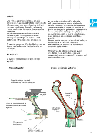 Eyector

Una refrigeración suﬁciente de ambos                  Al necesitarse refrigeración, el aceite
embragues requiere, sobre todo en arrancada           refrigerante suministrado por la bomba
(alta generación de calor debido a patinaje)          (aceite a presión) se conduce a manera de
mayores cantidades de aceite de las que               “chorro impulsor“ a través del eyector. Al
puede suministrar la bomba de engranajes              pasar por el eyector genera una depresión, la
interiores.                                           cual aspira aceite del depósito y forma,
Para suministrar la cantidad de aceite                conjuntamente con el chorro impulsor, una
necesaria para la refrigeración de los                gran cantidad de aceite casi exenta de
embragues se integra un eyector en el                 presión.
sistema de refrigeración de embragues.                De esa forma, en caso de necesidad se logra
                                                      casi duplicar la cantidad de aceite
El eyector es una versión de plástico, que se         refrigerante, sin requerir un rendimiento
asoma profundamente hacia el aceite en                adicional de la bomba.
depósito.
                                                      Una válvula de retención impide que el
                                                      eyector se vacíe, permitiendo así una
Así funciona:                                         respuesta instantánea para el transporte del
                                                      aceite refrigerante.
El eyector trabaja según el principio de
Venturi.


   Vista del eyector:                                   Eyector seccionado y abierto:




     Tubo de presión hacia el
     embrague de marcha adelante




                                                                         Tobera de
                                            228_036                      Venturi




Tubo de presión desde la
unidad hidráulica hacia el
eyector                                                   Válvula de
                                                          retención




                                                                                        228_037
         Manguito de
         aspiración

                             Tubo de rebose
                             para el nivel de ATF
                                                                                                      51
 