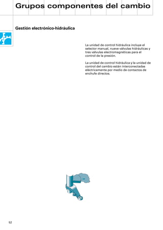Grupos componentes del cambio


     Gestión electrónico-hidráulica



                                      La unidad de control hidráulica incluye el
                                      selector manual, nueve válvulas hidráulicas y
                                      tres válvulas electromagnéticas para el
                                      control de la presión.

                                      La unidad de control hidráulica y la unidad de
                                      control del cambio están interconectadas
                                      eléctricamente por medio de contactos de
                                      enchufe directos.




52
 