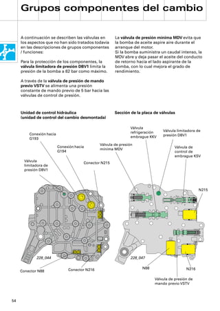 Grupos componentes del cambio


     A continuación se describen las válvulas en       La válvula de presión mínima MDV evita que
     los aspectos que no han sido tratados todavía     la bomba de aceite aspire aire durante el
     en las descripciones de grupos componentes        arranque del motor.
     / funciones:                                      Si la bomba suministra un caudal intenso, la
                                                       MDV abre y deja pasar el aceite del conducto
     Para la protección de los componentes, la         de retorno hacia el lado aspirante de la
     válvula limitadora de presión DBV1 limita la      bomba, con lo cual mejora el grado de
     presión de la bomba a 82 bar como máximo.         rendimiento.

     A través de la válvula de presión de mando
     previo VSTV se alimenta una presión
     constante de mando previo de 5 bar hacia las
     válvulas de control de presión.



     Unidad de control hidráulica                      Sección de la placa de válvulas
     (unidad de control del cambio desmontada)

                                                               Válvula
                                                               refrigeración   Válvula limitadora de
         Conexión hacia                                                        presión DBV1
         G193                                                  embrague KKV

                                               Válvula de presión
                          Conexión hacia                                              Válvula de
                                               mínima MDV
                          G194                                                        control de
                                                                                      embrague KSV
      Válvula
                                       Conector N215
      limitadora de
      presión DBV1




                                                                                                   N215




             228_044                                           228_047


                               Conector N216                         N88                    N216
     Conector N88

                                                                           Válvula de presión de
                                                                           mando previo VSTV



54
 