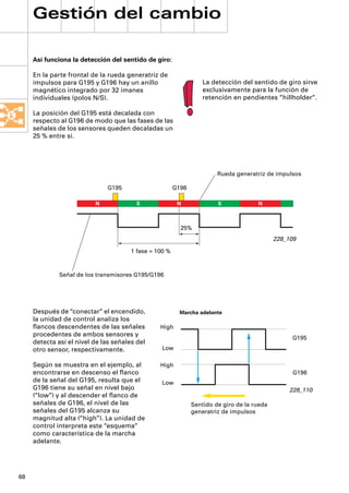 Gestión del cambio

     Así funciona la detección del sentido de giro:

     En la parte frontal de la rueda generatriz de
     impulsos para G195 y G196 hay un anillo                       La detección del sentido de giro sirve
     magnético integrado por 32 imanes                             exclusivamente para la función de
     individuales (polos N/S).                                     retención en pendientes “hillholder“.

     La posición del G195 está decalada con
     respecto al G196 de modo que las fases de las
     señales de los sensores queden decaladas un
     25 % entre sí.




                                                                        Rueda generatriz de impulsos

                              G195                      G196

                          N             S                N              S             N



                                                          25%
                                                                                             228_109

                                       1 fase = 100 %



              Señal de los transmisores G195/G196




     Después de “conectar” el encendido,                  Marcha adelante
     la unidad de control analiza los
     ﬂancos descendentes de las señales          High
     procedentes de ambos sensores y
                                                                                                  G195
     detecta así el nivel de las señales del
     otro sensor, respectivamente.                Low

     Según se muestra en el ejemplo, al          High
     encontrarse en descenso el ﬂanco                                                              G196
     de la señal del G195, resulta que el         Low
     G196 tiene su señal en nivel bajo                                                            228_110
     (“low”) y al descender el ﬂanco de
     señales de G196, el nivel de las                          Sentido de giro de la rueda
     señales del G195 alcanza su                               generatriz de impulsos
     magnitud alta (“high”). La unidad de
     control interpreta este “esquema“
     como característica de la marcha
     adelante.




68
 