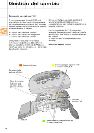 Gestión del cambio

     Conmutador para tiptronic F189

     El conmutador para tiptronic F189 está              Un sensor Hall por separado gestiona el
     integrado en la placa de circuitos impresos         funcionamiento del diodo luminoso
     del mando del cambio. Consta de 3 sensores          correspondiente para indicar la posición de la
     de Hall, que se excitan por medio de un imán        palanca selectora.
     en la cortinilla de la palanca.
                                                         Los conmutadores del F189 transmiten
     A - Sensor para cambios a menor                     potencial de masa en estado accionado (señal
     B - Sensor para detección de tiptronic              de nivel bajo “low”) hacia la unidad de control
     C - Sensor para cambios a mayor                     del cambio.
                                                         Si surge un fallo se bloquea la función
     En la placa de circuitos hay 7 diodos               tiptronic.
     luminosos; uno para cada posición de la
     palanca selectora, el símbolo de “Accionar          Indicación de fallo: inversa
     freno”, así como los símbolos + y – de la pista
     de selección tiptronic.




                         Diodos luminosos                         Conmutador para tiptronic F189
                                                                  3 sensores Hall C, B, A

     Corredera de la
     palanca selectora
                                                                          -
                                                  +




                                                                    D
                                                              N
                                                       R




      Placa de circuitos
                                            P




      impresos para
      corredera de la
      palanca selectora




                                                                                        Imán para
                                                                                        sensores Hall




                    228_079                            4 sensores Hall para posiciones de
                                                       la palanca selectora


74
 