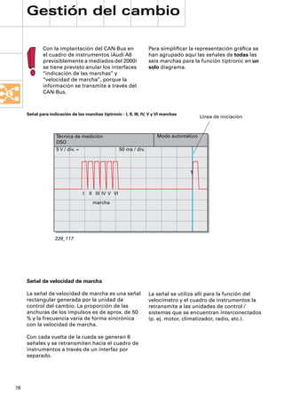 Gestión del cambio

             Con la implantación del CAN-Bus en                        Para simpliﬁcar la representación gráﬁca se
             el cuadro de instrumentos (Audi A6                        han agrupado aquí las señales de todas las
             previsiblemente a mediados del 2000)                      seis marchas para la función tiptronic en un
             se tiene previsto anular los interfaces                   solo diagrama.
             “indicación de las marchas” y
             “velocidad de marcha”, porque la
             información se transmite a través del
             CAN-Bus.



     Señal para indicación de las marchas tiptronic - I, II, III, IV, V y VI marchas
                                                                                            Línea de iniciación



                    Técnica de medición                                   Modo automático
                    DSO
                    5 V / div. =                        50 ms / div.



                                                                                       T



                                   I   II III IV V VI
                                        marcha




                   228_117




     Señal de velocidad de marcha

     La señal de velocidad de marcha es una señal                      La señal se utiliza allí para la función del
     rectangular generada por la unidad de                             velocímetro y el cuadro de instrumentos la
     control del cambio. La proporción de las                          retransmite a las unidades de control /
     anchuras de los impulsos es de aprox. de 50                       sistemas que se encuentran interconectados
     % y la frecuencia varía de forma sincrónica                       (p. ej. motor, climatizador, radio, etc.).
     con la velocidad de marcha.

     Con cada vuelta de la rueda se generan 8
     señales y se retransmiten hacia el cuadro de
     instrumentos a través de un interfaz por
     separado.




78
 