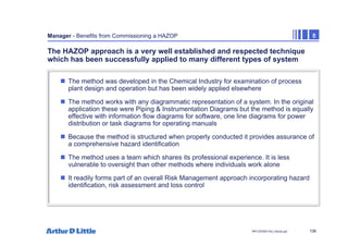 106
NPC/20365/140_Hazop.ppt
Manager - Benefits from Commissioning a HAZOP 5
The HAZOP approach is a very well established and respected technique
which has been successfully applied to many different types of system
„ The method was developed in the Chemical Industry for examination of process
plant design and operation but has been widely applied elsewhere
„ The method works with any diagrammatic representation of a system. In the original
application these were Piping & Instrumentation Diagrams but the method is equally
effective with information flow diagrams for software, one line diagrams for power
distribution or task diagrams for operating manuals
„ Because the method is structured when properly conducted it provides assurance of
a comprehensive hazard identification
„ The method uses a team which shares its professional experience. It is less
vulnerable to oversight than other methods where individuals work alone
„ It readily forms part of an overall Risk Management approach incorporating hazard
identification, risk assessment and loss control
 