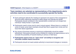 13
NPC/20365/140_Hazop.ppt
HAZOP Approach - What Happens in a HAZOP? 1
Team members are selected as representatives of the departments who's
activities need to be coordinated to successfully operate the facility
„ Each participant attends the meeting to represent one aspect of the managerial or
technical skills collectively required to safely design and operate the facility.
Participants should contribute in this representative context and not indulge their
individual “hobby-horses” or pet ideas
„ Participants need to show (and to earn) mutual respect. Where there is a variety of
ranks or levels, junior team members should feel free to speak their minds and not
have their ideas suppressed
„ Any issues of business secrecy or technical confidentiality should be settled
beforehand. Discussions should not be inhibited for instance by legal pressure not to
concede the possibility of hazards leading to serious or fatal injury
„ Participants need to have an “open mind” and ability to recognise and
articulate credible hazard scenarios
„ Participants should not need outside authority to recommend changes or revisions
 
