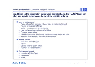 23
NPC/20365/140_Hazop.ppt
HAZOP Team Member - Guidewords for Special Situations 2
In addition to the parameter- guideword combinations, the HAZOP team can
also use special guidewords to consider specific failures
„ Loss of containment
– Piping failures from corrosion induced leaks or mechanical impact
– Failures of flanges and fittings
– Leaks from valve stems or pump seals
– Heat exchanger tube rupture or shell failure
– Pressure vessel failure
– Releases from small bore fittings, instrument bridles, drains and vents
– Materials of construction, corrosion, embrittlement
„ Utilities failures
– Instrument Air or Nitrogen
– Power
– Cooling water or Steam failure
– Fuel Gas or Fuel Oil failures
„ Environment impact
– Lightning, Wind or Flood
– Earthquake
– Noise
 