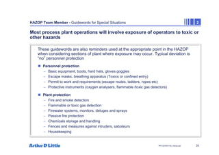 25
NPC/20365/140_Hazop.ppt
HAZOP Team Member - Guidewords for Special Situations 2
Most process plant operations will involve exposure of operators to toxic or
other hazards
„ Personnel protection
– Basic equipment, boots, hard hats, gloves goggles
– Escape masks, breathing apparatus (Toxics or confined entry)
– Permit to work and requirements (escape routes, ladders, ropes etc)
– Protective instruments (oxygen analysers, flammable /toxic gas detectors)
„ Plant protection
– Fire and smoke detection
– Flammable or toxic gas detection
– Firewater systems, monitors, deluges and sprays
– Passive fire protection
– Chemicals storage and handling
– Fences and measures against intruders, saboteurs
– Housekeeping
These guidewords are also reminders used at the appropriate point in the HAZOP
when considering sections of plant where exposure may occur. Typical deviation is
“no” personnel protection
 