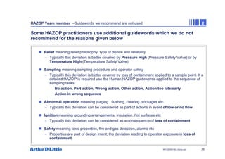 26
NPC/20365/140_Hazop.ppt
HAZOP Team member –Guidewords we recommend are not used 2
Some HAZOP practitioners use additional guidewords which we do not
recommend for the reasons given below
„ Relief meaning relief philosophy, type of device and reliability
– Typically this deviation is better covered by Pressure High (Pressure Safety Valve) or by
Temperature High (Temperature Safety Valve)
„ Sampling meaning sampling procedure and operator safety
– Typically this deviation is better covered by loss of containment applied to a sample point. If a
detailed HAZOP is required use the Human HAZOP guidewords applied to the sequence of
sampling tasks
No action, Part action, Wrong action, Other action, Action too late/early
Action in wrong sequence
„ Abnormal operation meaning purging , flushing, clearing blockages etc
– Typically this deviation can be considered as part of actions in event of low or no flow
„ Ignition meaning grounding arrangements, insulation, hot surfaces etc
– Typically this deviation can be considered as a consequence of loss of containment
„ Safety meaning toxic properties, fire and gas detection, alarms etc
– Properties are part of design intent; the deviation leading to operator exposure is loss of
containment
 