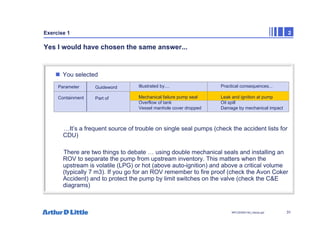 31
NPC/20365/140_Hazop.ppt
Exercise 1 2
Yes I would have chosen the same answer...
„ You selected
…It’s a frequent source of trouble on single seal pumps (check the accident lists for
CDU)
There are two things to debate … using double mechanical seals and installing an
ROV to separate the pump from upstream inventory. This matters when the
upstream is volatile (LPG) or hot (above auto-ignition) and above a critical volume
(typically 7 m3). If you go for an ROV remember to fire proof (check the Avon Coker
Accident) and to protect the pump by limit switches on the valve (check the C&E
diagrams)
Parameter
Containment
Guideword
Part of
Practical consequences...
Leak and ignition at pump
Oil spill
Damage by mechanical impact
Illustrated by....
Mechanical failure pump seal
Overflow of tank
Vessel manhole cover dropped
 
