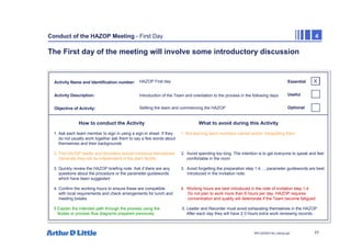 77
NPC/20365/140_Hazop.ppt
Conduct of the HAZOP Meeting - First Day 4
The First day of the meeting will involve some introductory discussion
Activity Name and Identification number:
Activity Description:
Objective of Activity:
How to conduct the Activity What to avoid during this Activity
1. Ask each team member to sign in using a sign-in sheet. If they 1. Not learning team members names and/or misspelling them
do not usually work together ask them to say a few words about
themselves and their backgrounds
2. The HAZOP leader and Secretary should introduce themselves 2. Avoid spending too long. The intention is to get everyone to speak and feel
Generally they will be independent of the plant facility comfortable in the room
3. Quickly review the HAZOP briefing note. Ask if there are any 3. Avoid forgetting the preparation step 1.4…..parameter guidewords are best
questions about the procedure or the parameter-guidewords introduced in the invitation note.
which have been suggested
4. Confirm the working hours to ensure these are compatible 4. Working hours are best introduced in the note of invitation step 1.4
with local requirements and check arrangements for lunch and Do not plan to work more than 6 hours per day. HAZOP requires
meeting breaks concentration and quality will deteriorate if the Team become fatigued
5 Explain the intended path through the process using the 5. Leader and Recorder must avoid exhausting themselves in the HAZOP
Nodes or process flow diagrams prepared previously After each day they will have 2-3 hours extra work reviewing records.
Essential
Useful
Optional
HAZOP First day
Introduction of the Team and orientation to the process in the following days
Settling the team and commencing the HAZOP
X
 