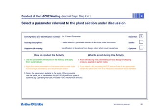 80
NPC/20365/140_Hazop.ppt
Conduct of the HAZOP Meeting - Normal Days: Step 2.4.1 4
Select a parameter relevant to the plant section under discussion
Activity Name and Identification number:
Activity Description:
Objective of Activity:
How to conduct the Activity What to avoid during this Activity
X
Essential
Useful
Optional
2.4.1 Select Parameter
Leader selects a parameter relevant to the node under discussion
Identification of deviations from design intent which could cause loss
1. Use the parameters introduced on the first day and apply 1. Avoid introducing new parameters part way though or skipping
them systematically ones you applied on earlier nodes
2. Apply the same parameters in the same order to each node 2. If you intend a full recording HAZOP ensure there is an appropriate
to encourage consistency and help the team follow remark for each item even if no hazardous deviations were identified
3. Select the parameters suitable to the study. Where possible
use the same set of parameters for HAZOP of particular types of
systems (eg Operating Manuals, Process Flow, mechanical devices)
 